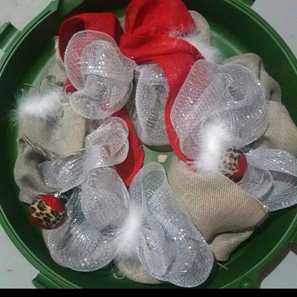 handmade #santababy holiday wreath red silver white fuzzy animal print b…